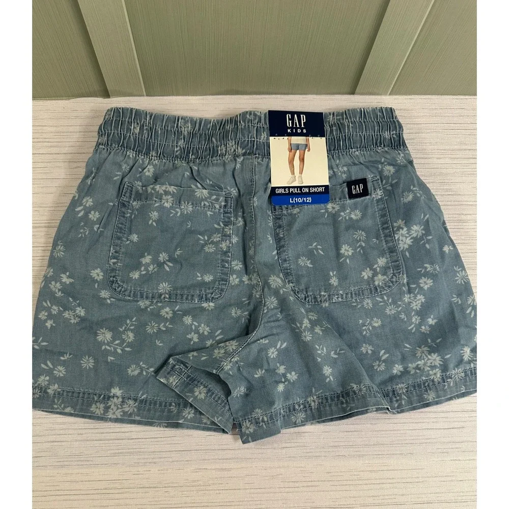 Gap Kids Girls Floral Pull On Shorts Blue Daisy Cotton Elastic Waist L 10/12 NWT